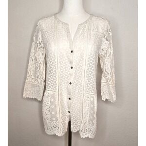 Lucky Brand Patchwork Lace Button Front Top Cottagecore Boho Romantic Size M